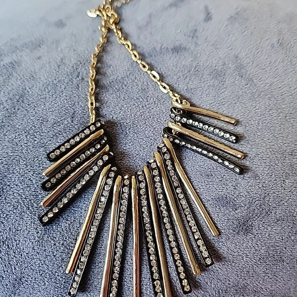 Vintage Tribal Bib Necklace Gold Black Faux Diamonds
